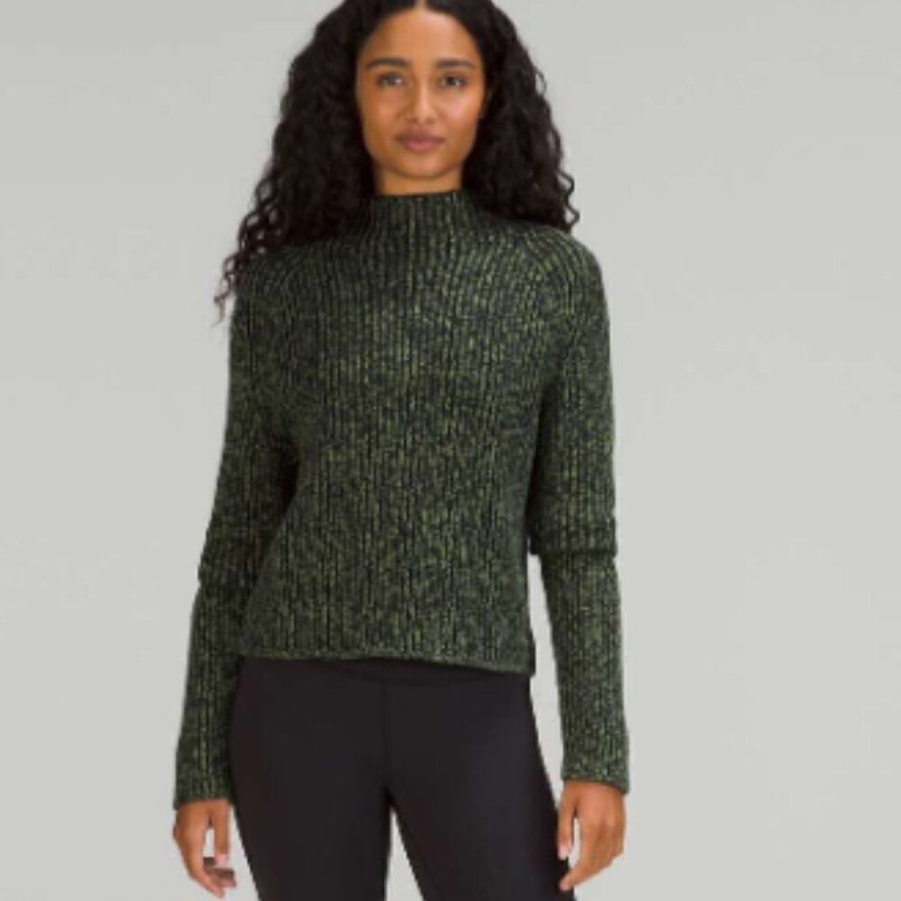 LULULEMON Cotton Cashmere Blend Mock Neck Sweater Green Black Size 4